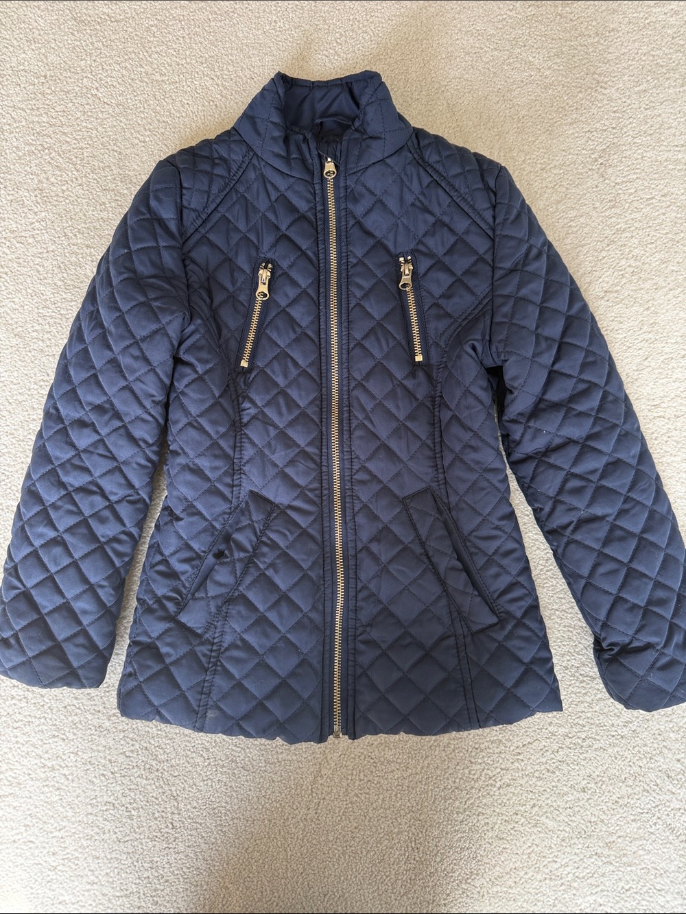 SO Quilted Navy Puffer Jacket with Gold Zippers